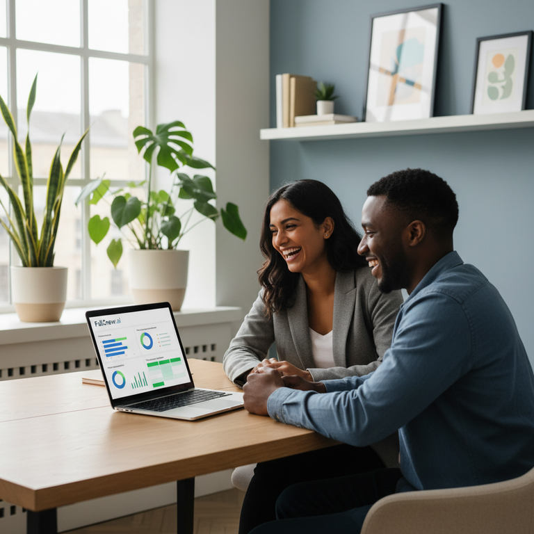 Small business owner using FullCrew.ai on laptop during customer meeting