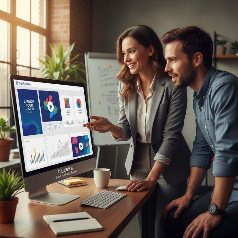 Entrepreneur presenting FullCrew.ai features to client on computer
