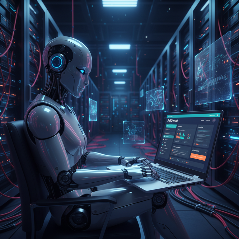 Sleek AI robot at a futuristic laptop displaying FullCrew.ai dashboard in a dark high-tech datacenter
