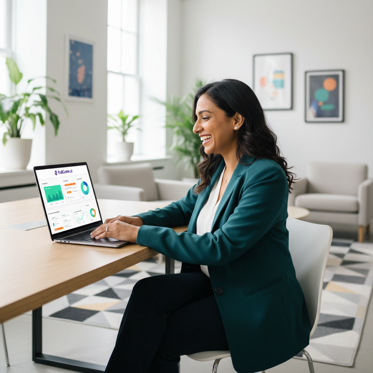 Happy business owner using FullCrew.ai on laptop