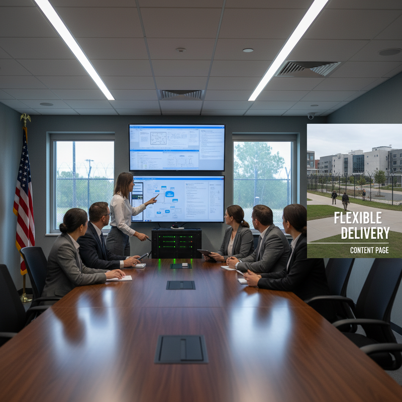 Modern secure government facility training room with diverse team of IT professionals in business attire reviewing Azure cloud architecture diagrams and security compliance documentation on multiple large 4K monitors with American flag visible in background