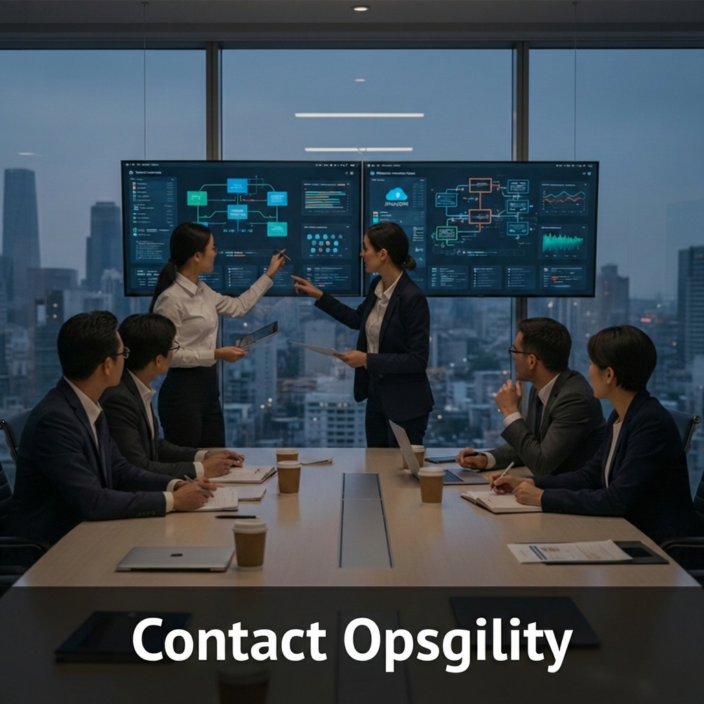 Professional diverse business team collaborating around conference table in modern glass-walled office with large digital monitors displaying Microsoft Azure cloud infrastructure dashboards and data analytics visualizations
