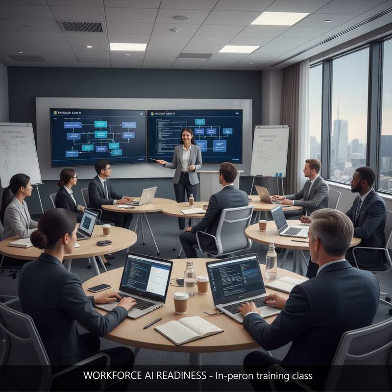 Professional team of diverse business professionals attending an in-person Microsoft Azure AI training class in a modern corporate training room with large displays showing cloud architecture diagrams, instructor presenting at the front, attendees engaged with laptops and taking notes, high-tech collaborative learning environment