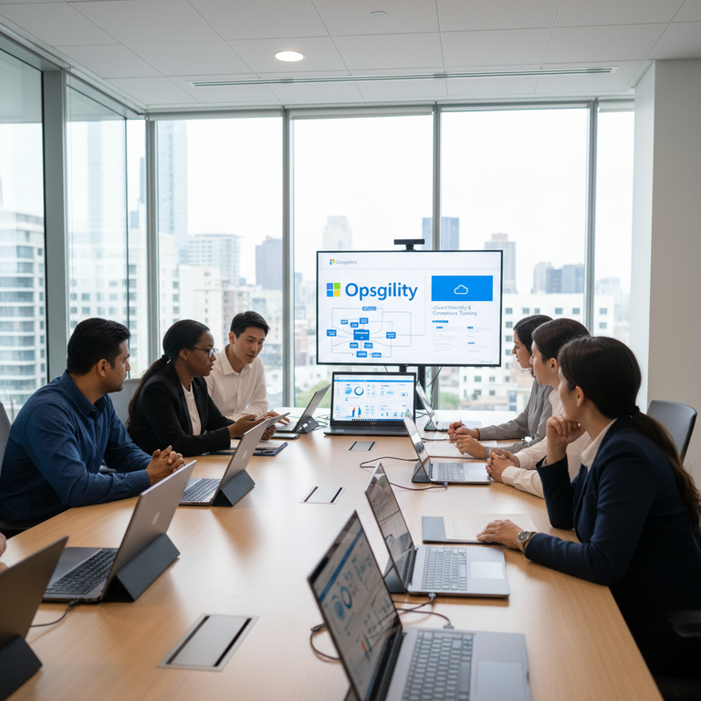 Professional team collaborating on Microsoft cloud training development in modern office environment