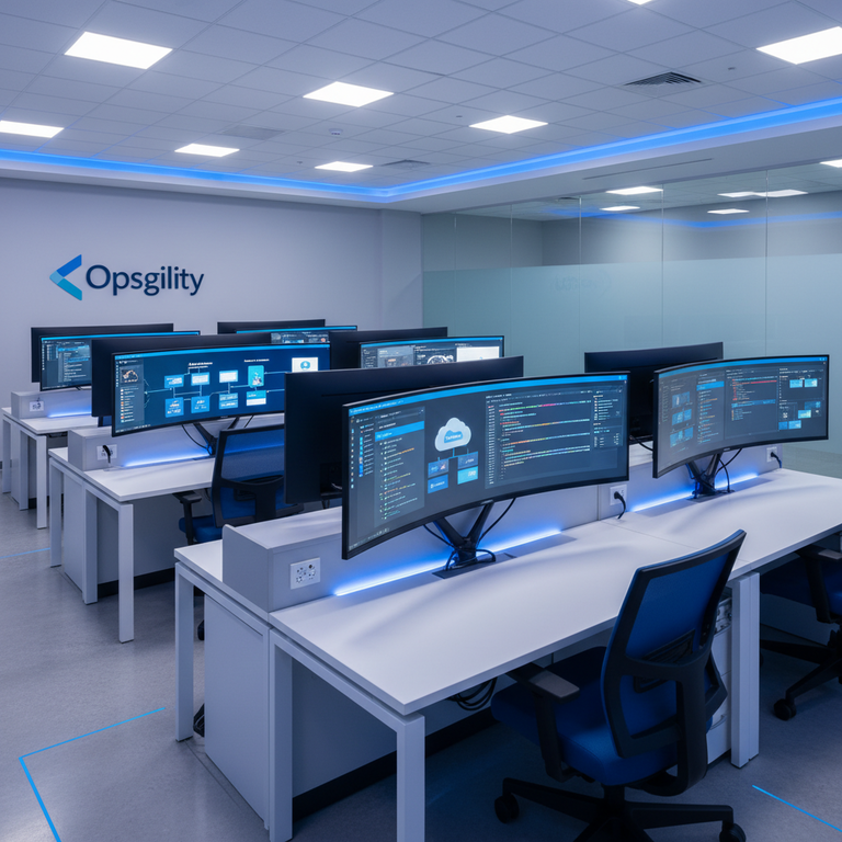 Modern training lab environment with multiple screens showing Azure cloud infrastructure and AI development tools