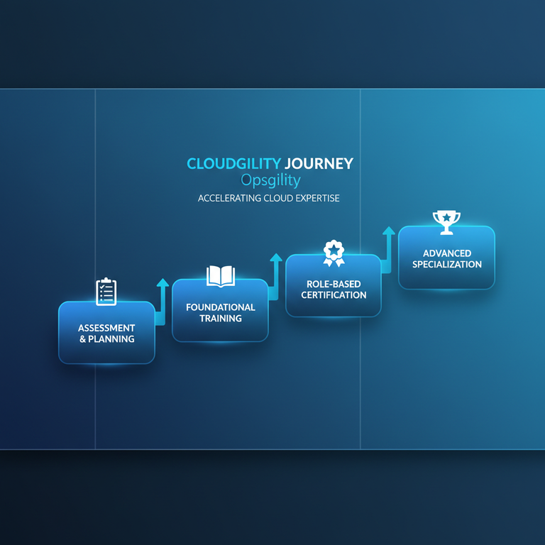 Cloud journey progression diagram showing the path from assessment through foundational training, certification, and advanced specialization
