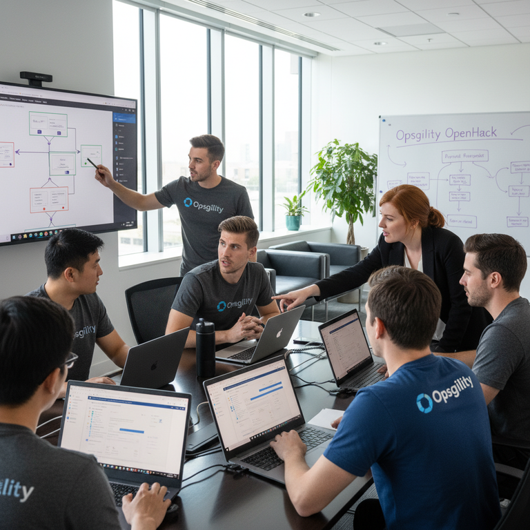 Diverse remote team participating in virtual OpenHack hackathon via video conference, showing 70% white professionals collaborating on cloud and AI challenges from home offices
