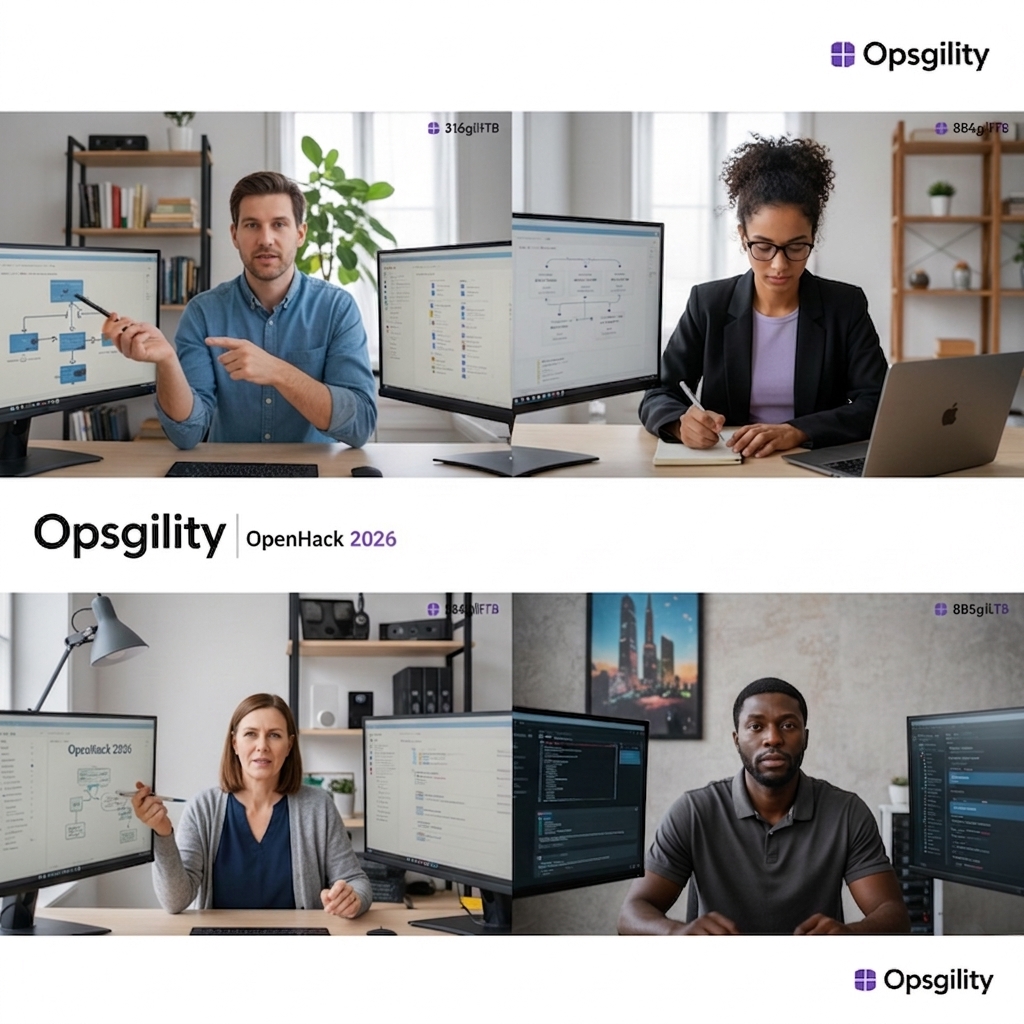 Diverse remote team participating in virtual OpenHack hackathon via video conference, showing 70% white professionals collaborating on cloud and AI challenges from home offices