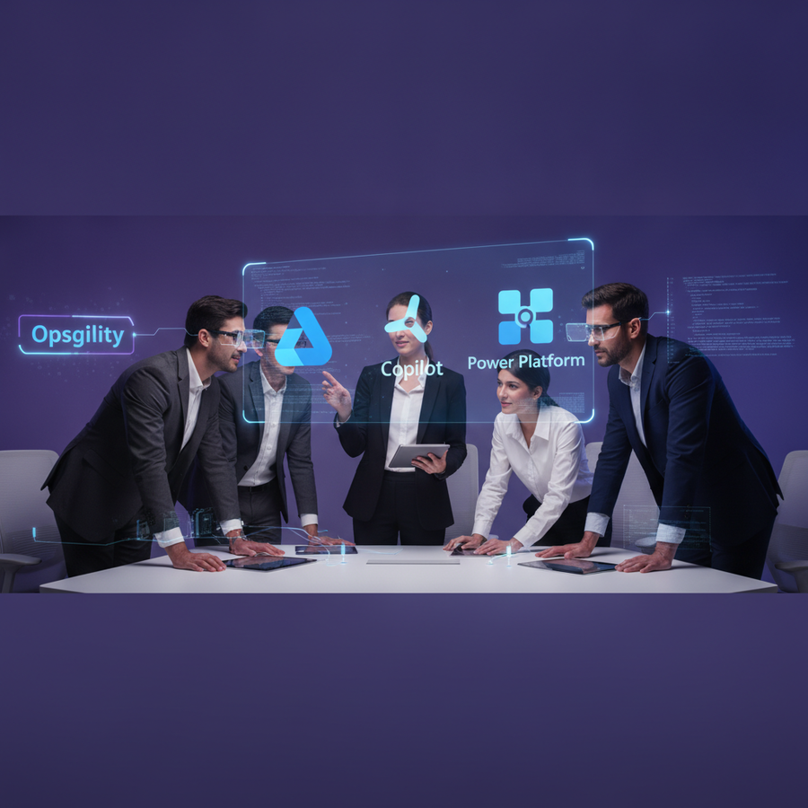 Modern professional hero image showing diverse business professionals collaborating with AI technology, holographic interfaces