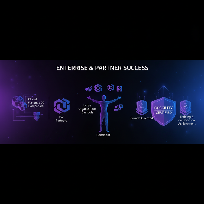 A modern professional illustration showing enterprise scale - global Fortune 500 companies, ISV partners,