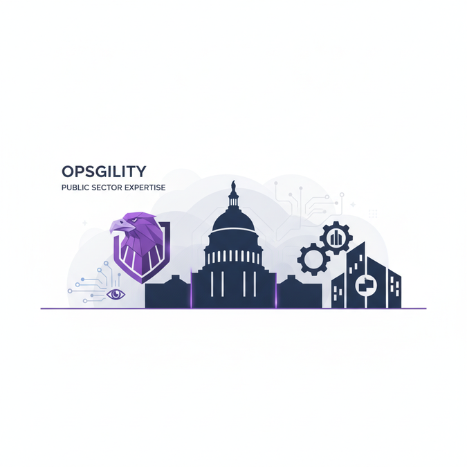 An abstract professional illustration representing government and defense sectors - Capitol building silhouette, military
