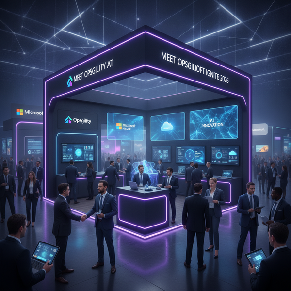 A vibrant, energetic illustration of a modern technology conference exhibition floor with Microsoft branding,
